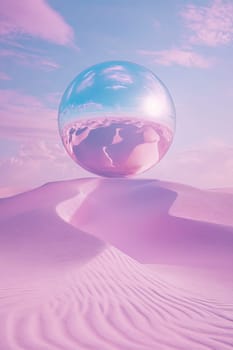 A large glass ball in the desert with pink sand. Surrealism.