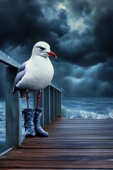 Seagull in boots in bad weather on a pier by the ocean. The concept of bad weather.