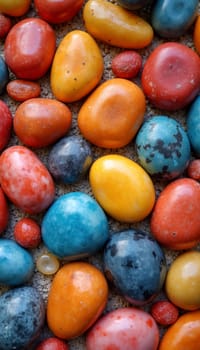 Various colorful pebbles lie on the ground, showcasing bright hues and unique patterns while glistening under the warm sunlight - Generative AI