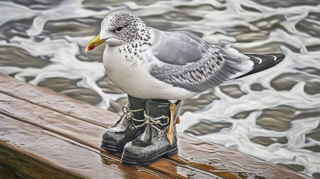 Seagull in boots in bad weather on a pier by the ocean. The concept of bad weather.