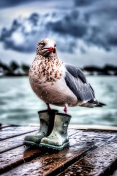 Seagull in boots in bad weather on a pier by the ocean. The concept of bad weather.