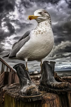 Seagull in boots in bad weather on a pier by the ocean. The concept of bad weather.