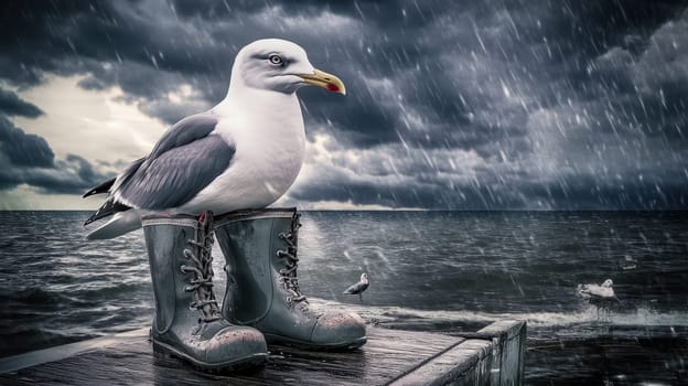 Seagull in boots in bad weather on a pier by the ocean. The concept of bad weather.