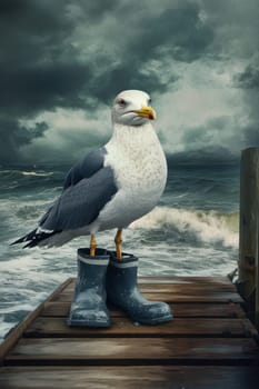 Seagull in boots in bad weather on a pier by the ocean. The concept of bad weather.
