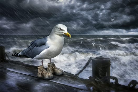 Seagull in boots in bad weather on a pier by the ocean. The concept of bad weather.