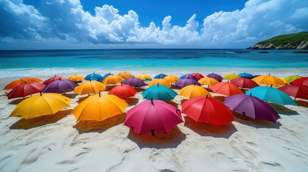 Lots of colored umbrellas to create shade on a hot day at the beach. Colorful umbrellas are spread out on the tropical beach.