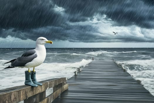 Seagull in boots in bad weather on a pier by the ocean. The concept of bad weather.