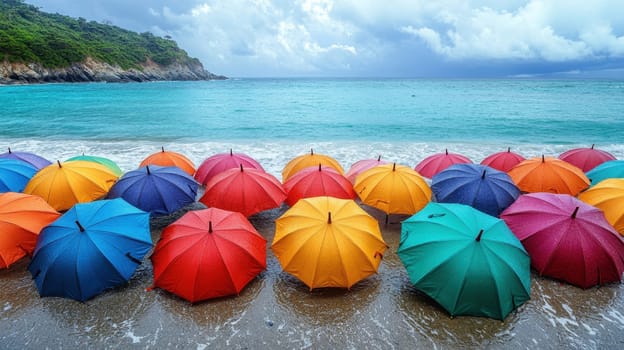 Lots of colored umbrellas to create shade on a hot day at the beach. Colorful umbrellas are spread out on the tropical beach.
