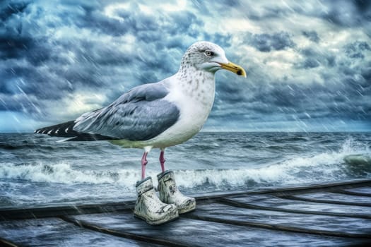 Seagull in boots in bad weather on a pier by the ocean. The concept of bad weather.