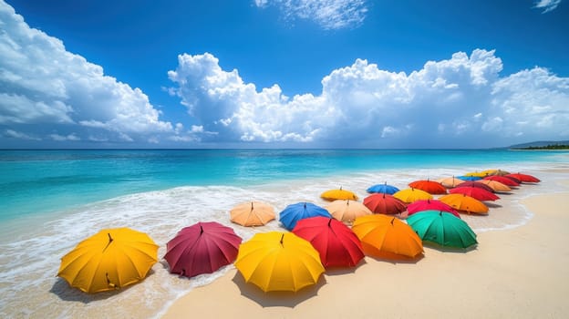 Lots of colored umbrellas to create shade on a hot day at the beach. Colorful umbrellas are spread out on the tropical beach.