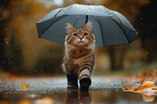A cat in rubber boots and carrying an umbrella walks in the rain in the park.