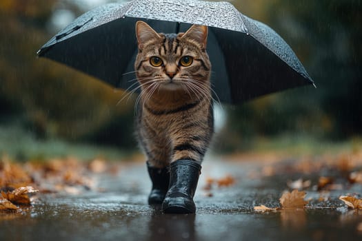 A cat in rubber boots and carrying an umbrella walks in the rain in the park.