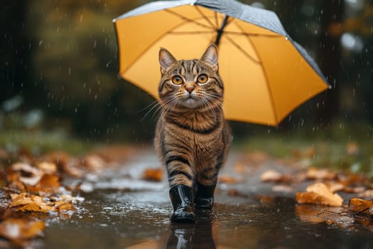 A cat in rubber boots and carrying an umbrella walks in the rain in the park.