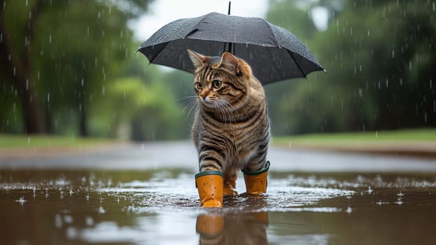 A cat in rubber boots and carrying an umbrella walks in the rain in the park.