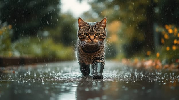 A cat in rubber boots strolls through the park in the summer rain.