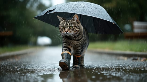 A cat in rubber boots and carrying an umbrella walks in the rain in the park.