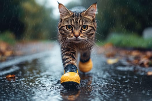 A cat in rubber boots strolls through the park in the summer rain.