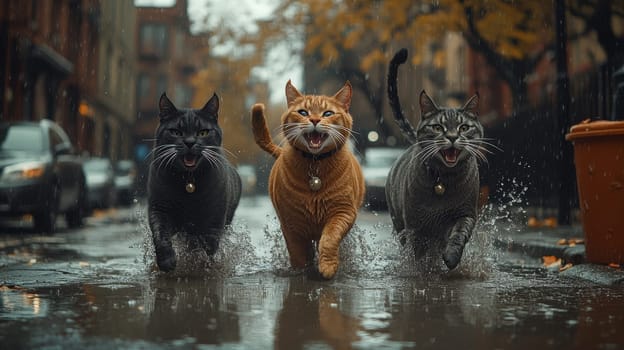Three angry cats are walking along a city street during the rain.