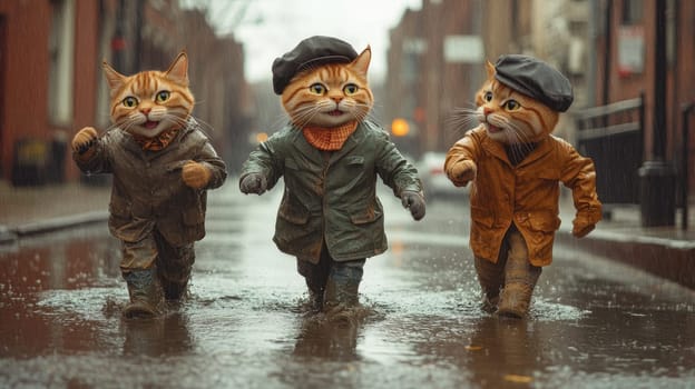 Three cats in autumn clothes are walking along a city street during the rain.