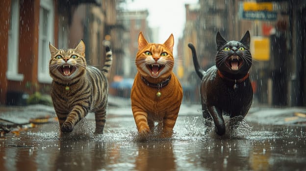 Three angry cats are walking along a city street during the rain.