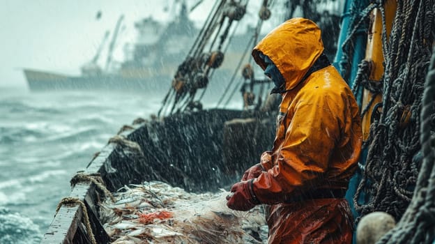 A fisherman catches fish with nets on an industrial fishing vessel in the northern seas. Industrial fishing.