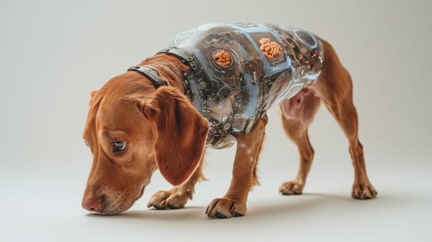 A pet robot dog on a white background. Portrait of a futuristic pet.