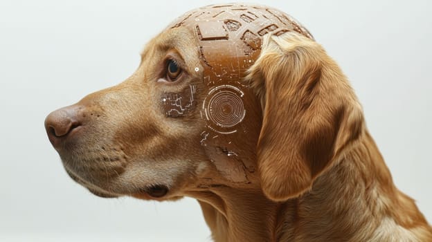 A pet robot dog on a white background. Portrait of a futuristic pet.