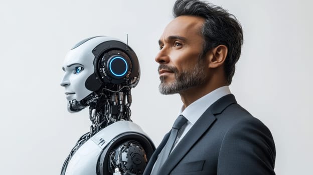 A successful businessman standing next to a robot. The future belongs to artificial intelligence.