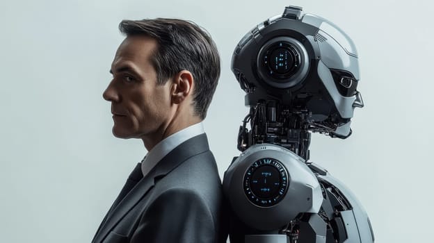A successful businessman standing with a robot back to back . The future belongs to artificial intelligence.