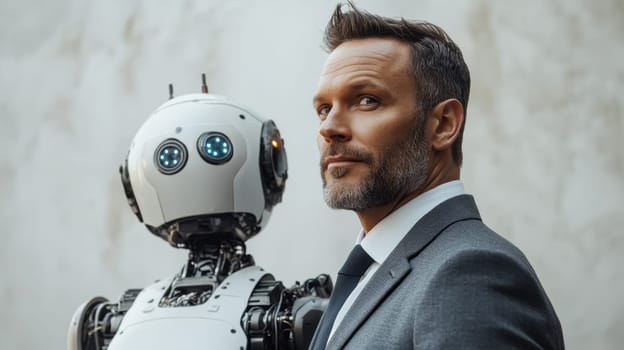 A successful businessman standing next to a robot. The future belongs to artificial intelligence.