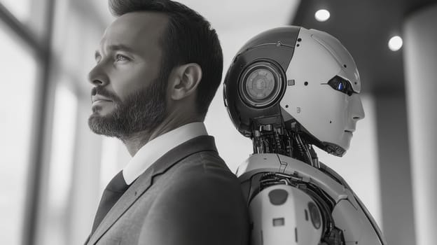 A successful businessman standing with a robot back to back . The future belongs to artificial intelligence.