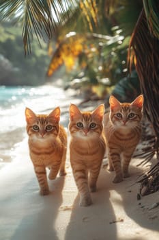Three cats on a sunny tropical beach. The concept of tropical recreation and travel.