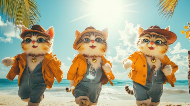 Three fabulous cats on a sunny tropical beach. The concept of tropical recreation and travel. 3d illustration.