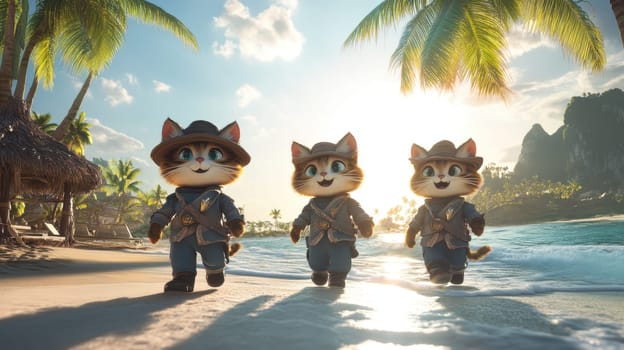 Three fabulous cats on a sunny tropical beach. The concept of tropical recreation and travel. 3d illustration.