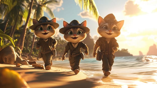 Three fabulous cats on a sunny tropical beach. The concept of tropical recreation and travel. 3d illustration.
