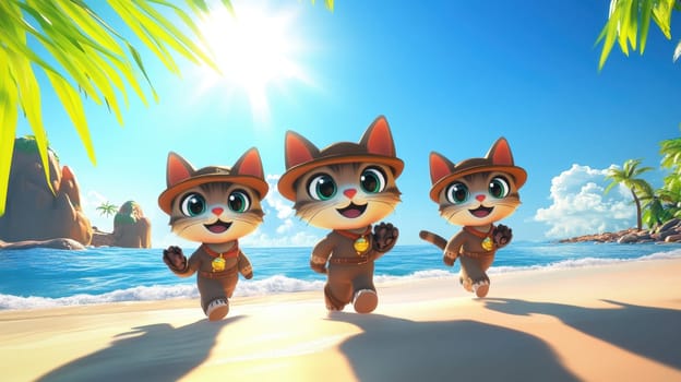 Three fabulous cats on a sunny tropical beach. The concept of tropical recreation and travel. 3d illustration.