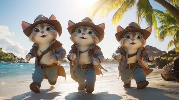 Three fabulous cats on a sunny tropical beach. The concept of tropical recreation and travel. 3d illustration.