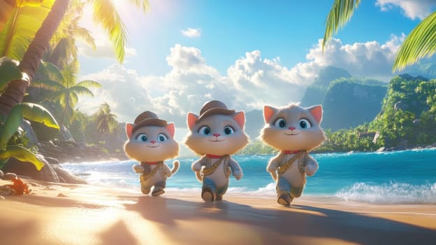 Three fabulous cats on a sunny tropical beach. The concept of tropical recreation and travel. 3d illustration.