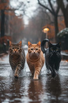 Three cats are walking along a city street during the rain.