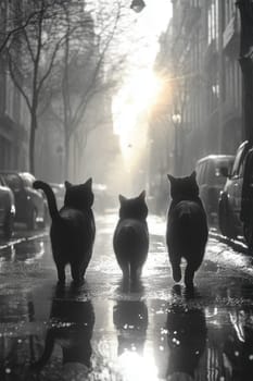 Three cats are walking along a city street during the rain.