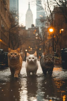 Three cats are walking along a city street during the rain.