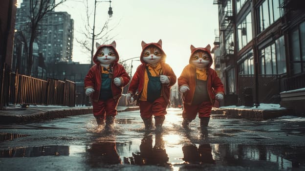 Three cats in autumn clothes are walking along a city street during the rain.