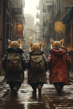 Three cats in autumn clothes are walking along a city street during the rain.