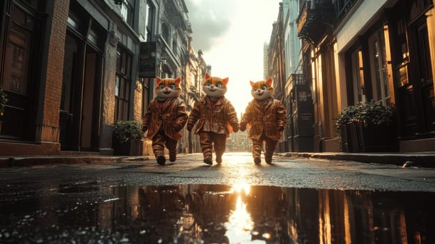 Three cats in autumn clothes are walking along a city street during the rain.