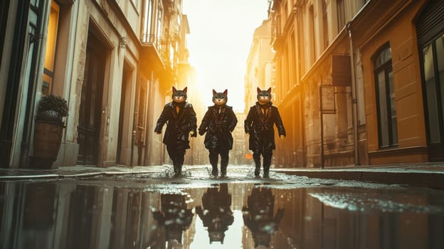 Three cats in autumn clothes are walking along a city street during the rain.