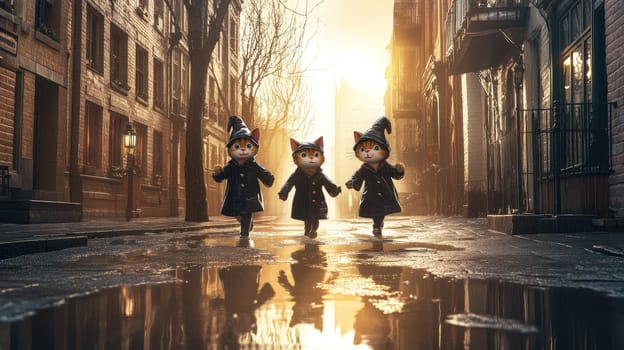 Three cats in autumn clothes are walking along a city street during the rain.