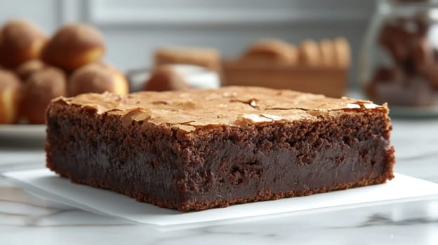 Delicious homemade brownie chocolate dessert. A piece of chocolate brownie on the table.