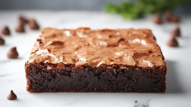 Delicious homemade brownie chocolate dessert. A piece of chocolate brownie on the table.