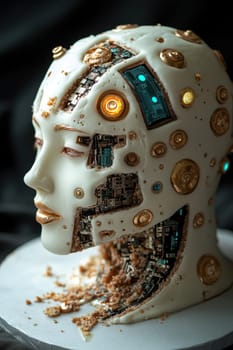 A birthday cake in the form of a robot covered with icing on a plate. Delicious delicate cake.