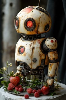A birthday cake in the form of a robot covered with icing on a plate. Delicious delicate cake.